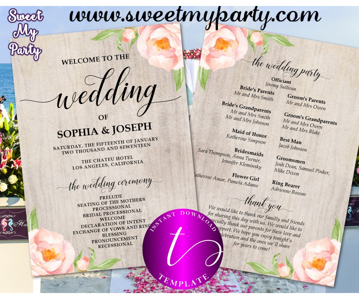 Boho Wedding Program fan template,Floral Wedding itinerary template,(38w)